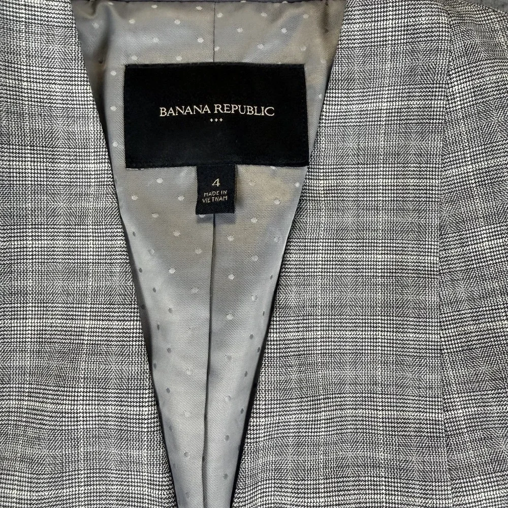 Banana Republic Size 4 Blazer Grey Plaid Glen Check Collarless Suit Jacket